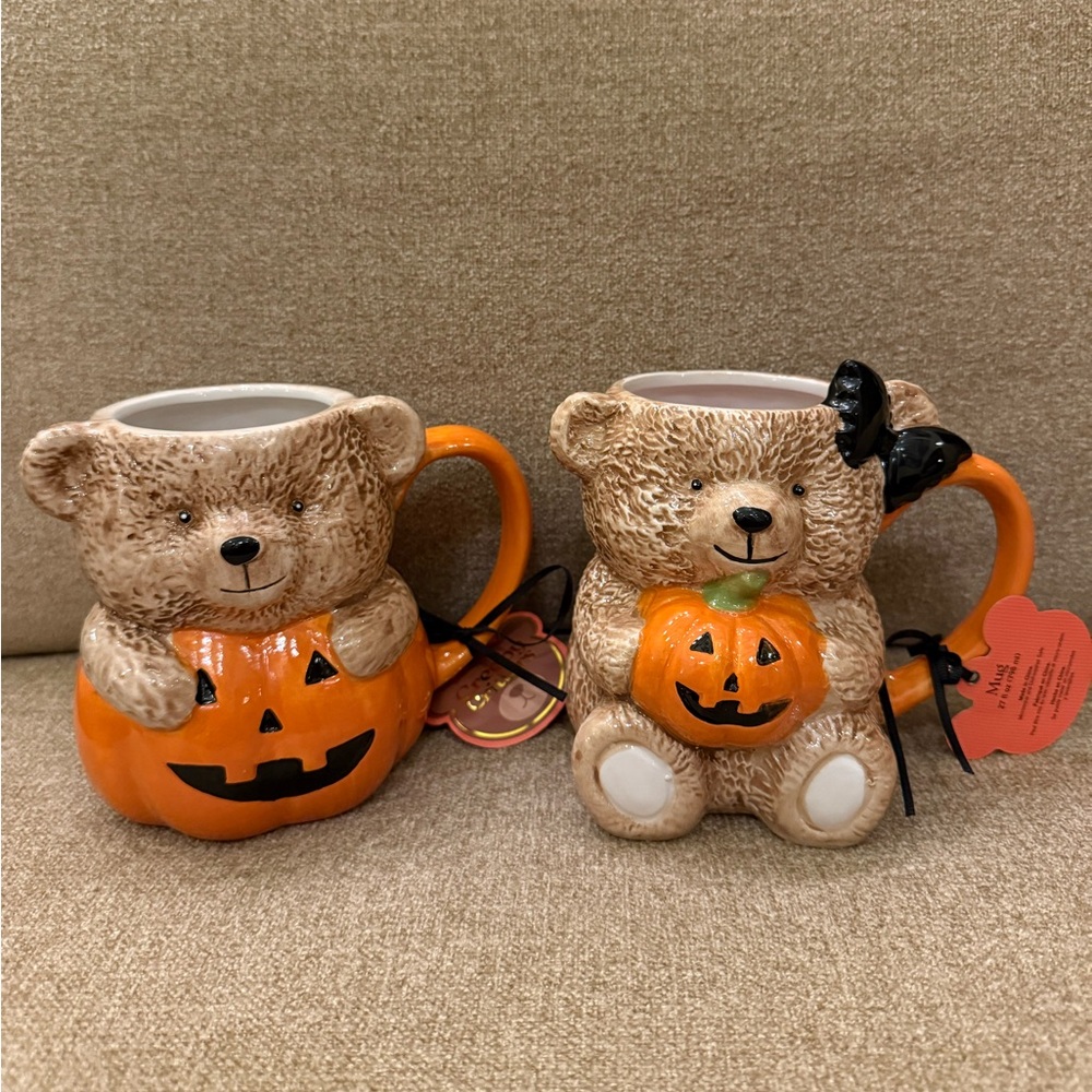 Teddy Bear Pumpkin Bow Set of 2 Halloween Mugs Creepy Critters NWT